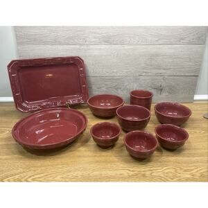 Longaberger Pottery Paprika Woven Traditions Bowl ,Platter & Crock ~Set Of 9